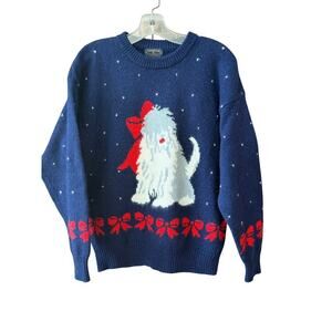 Vintage Charter Club Sheepdog Red Bow Sweater Size Medium Wool Puppy Dog
